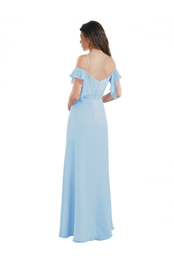Comprimento Chão Azul Céu Claro Ombro Frio Linha A Lombar Vestidos de Madrinha Por Atacado