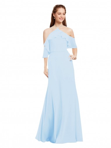 Comprimento Chão Azul Céu Claro Ombro Frio Linha A Vestidos de Madrinha Por Atacado