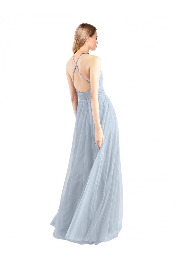 Comprimento Chão Azul Céu Claro Sem Mangas Linha A Criss Cruz Cabeçada Vestidos de Madrinha Por Atacado