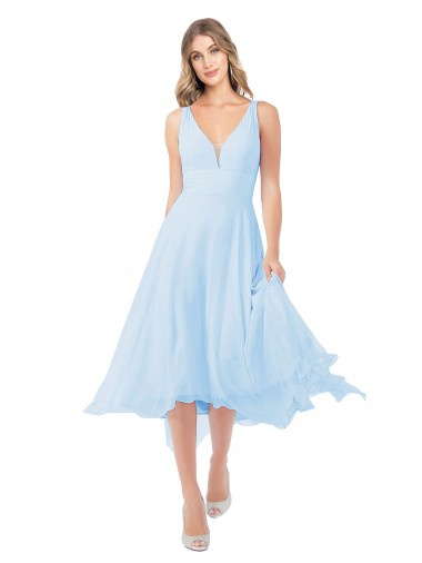 Comprimento Midi Azul Céu Claro Sem Mangas Linha A Buraco da fechadura Vestidos de Madrinha / Vestidos de Cocktail / Vestidos de Homecoming Por Atacado
