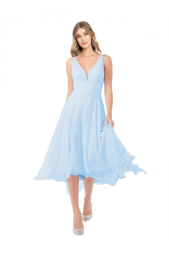 Comprimento Midi Azul Céu Claro Sem Mangas Linha A Buraco da fechadura Vestidos de Madrinha / Vestidos de Cocktail / Vestidos de Homecoming Por Atacado