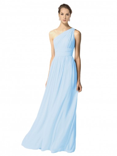 Comprimento Chão Azul Céu Claro Sem Mangas Linha A Um Ombro Vestidos de Madrinha Por Atacado