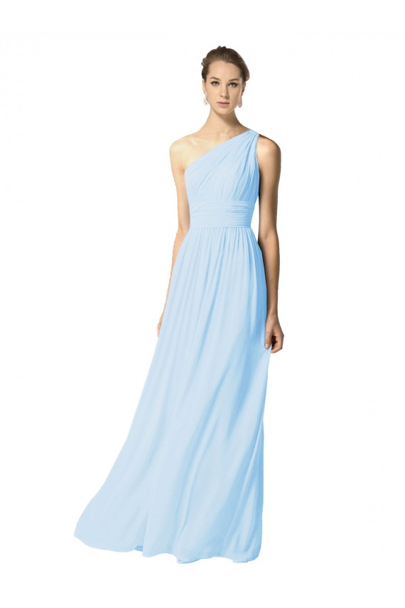 Comprimento Chão Azul Céu Claro Sem Mangas Linha A Um Ombro Vestidos de Madrinha Por Atacado