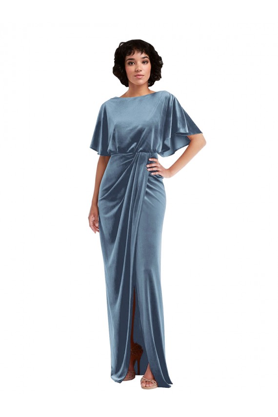 Comprimento Chão Azul Empoeirado Mangas Esvoaçantes Bainha Abrir de volta Vestidos de Madrinha / Vestidos de Festa Por Atacado