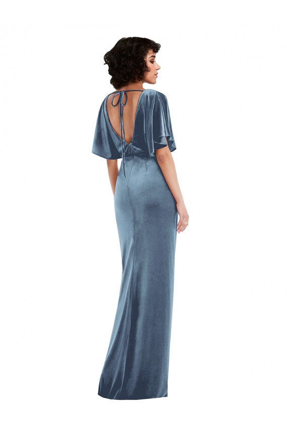 Comprimento Chão Azul Empoeirado Mangas Esvoaçantes Bainha Abrir de volta Vestidos de Madrinha / Vestidos de Festa Por Atacado