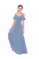 Comprimento Chão Azul Empoeirado Mangas Curtas Linha A Vestidos de Madrinha Por Atacado