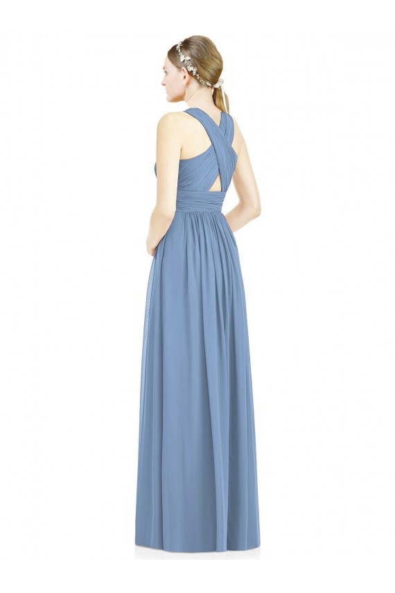 Comprimento Chão Azul Empoeirado Sem Mangas Linha A Longo Vestidos Formais / Vestidos de Madrinha Por Atacado
