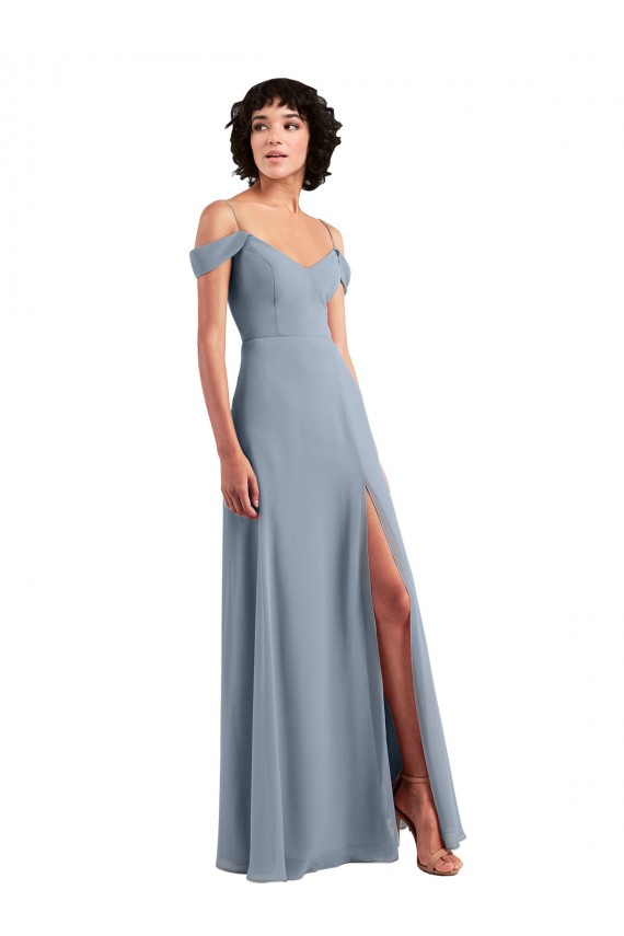 Comprimento Chão Azul Empoeirado Sem Mangas Linha A Longo Vestido de Noite / Vestidos de Madrinha Por Atacado