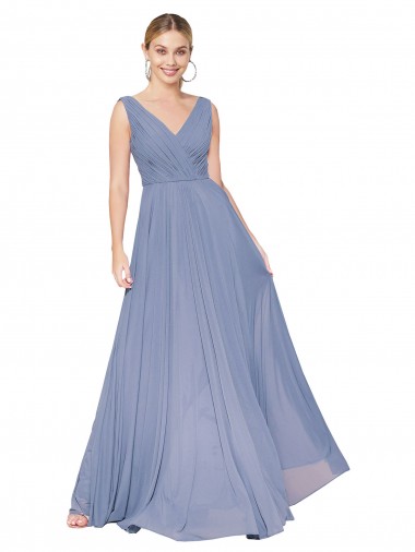 Comprimento Chão Azul Empoeirado Sem Mangas Linha A Costas em V Vestidos de Madrinha / Vestidos de Noite / Vestidos de Festa Por Atacado