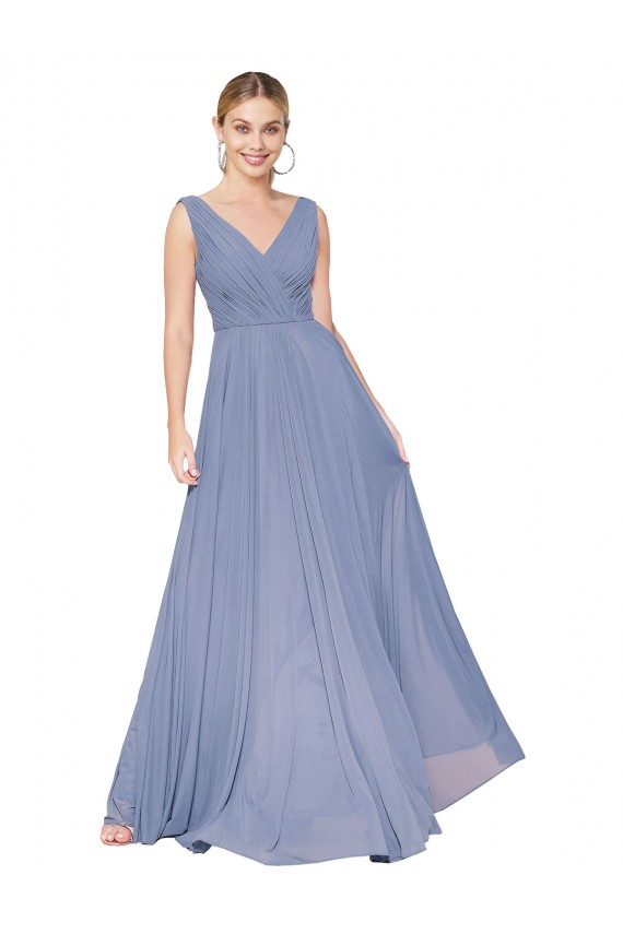 Comprimento Chão Azul Empoeirado Sem Mangas Linha A Costas em V Vestidos de Madrinha / Vestidos de Noite / Vestidos de Festa Por Atacado