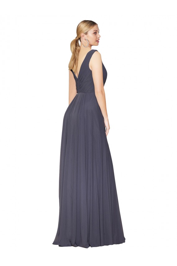 Comprimento Chão Azul Empoeirado Sem Mangas Linha A Costas em V Vestidos de Madrinha / Vestidos de Noite / Vestidos de Festa Por Atacado