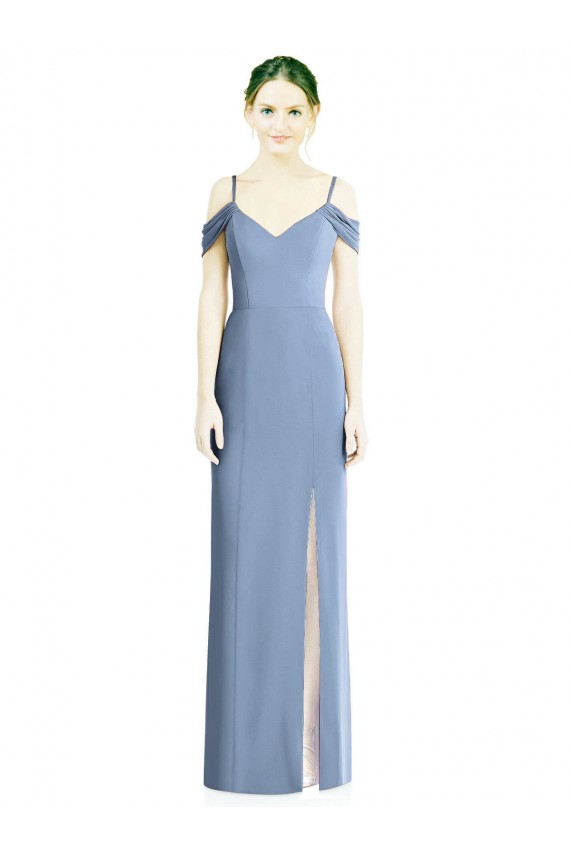 Comprimento Chão Azul Empoeirado Ombro Frio Linha A Abrir de volta Vestidos de Madrinha / Vestidos de Noite Por Atacado