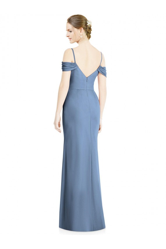 Comprimento Chão Azul Empoeirado Ombro Frio Linha A Abrir de volta Vestidos de Madrinha / Vestidos de Noite Por Atacado