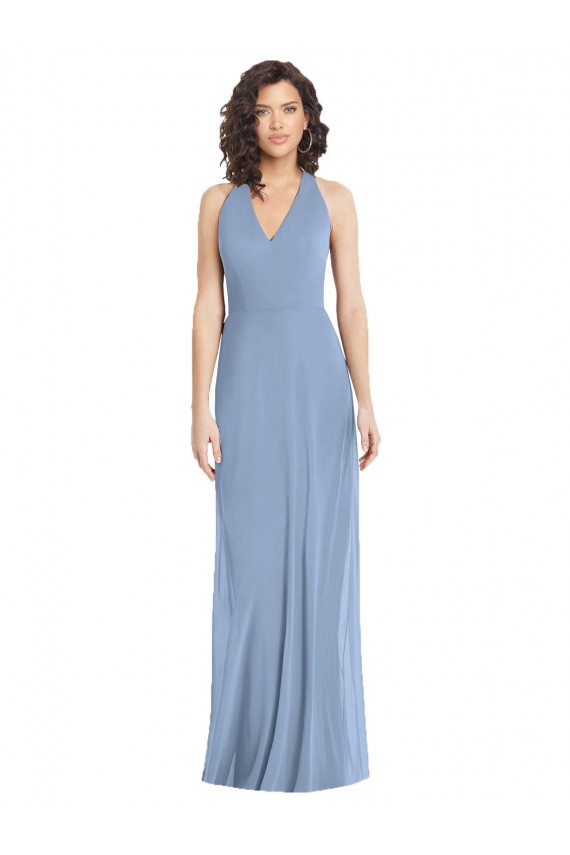 Comprimento Chão Azul Empoeirado Sem Mangas Trombeta Abrir de volta Vestidos de Madrinha / Vestidos de Noite Por Atacado