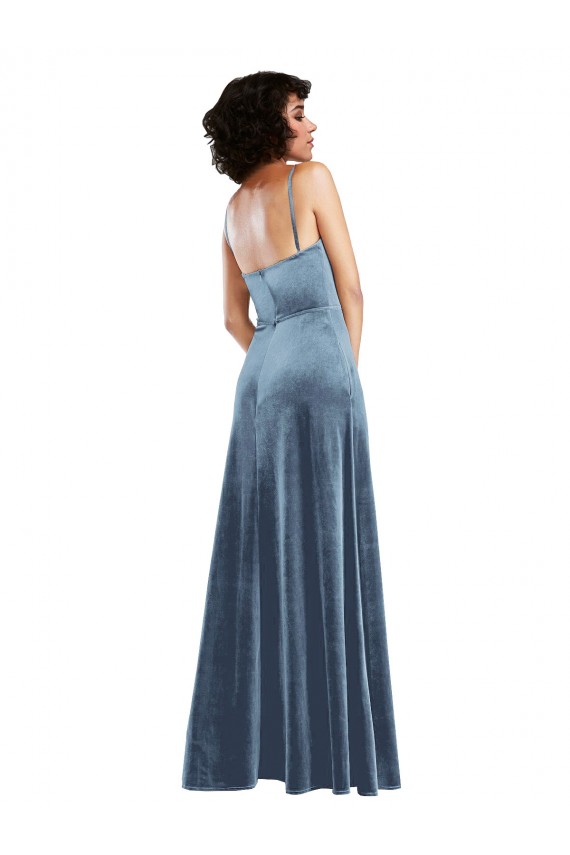 Comprimento Chão Azul Empoeirado Sem Mangas Bainha Criss Cruz Vestidos de Madrinha / Vestidos de Festa Por Atacado