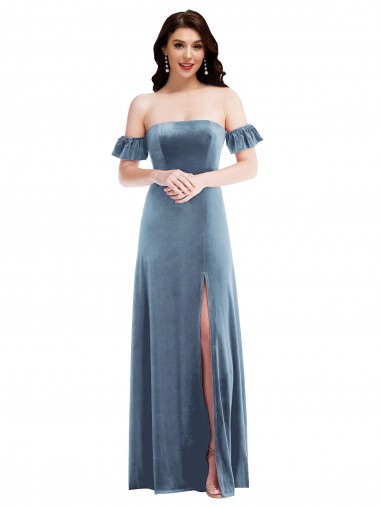 Comprimento Chão Azul Empoeirado Mangas Folhos Linha A Lombar Vestidos de Madrinha / Vestidos de Festa Por Atacado