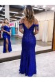 Comprimento Chão Azul Real Sem Mangas Bainha Vestidos de Festa Por Atacado