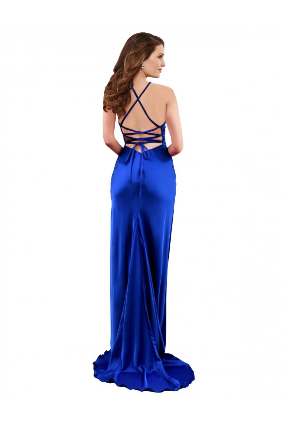 Comprimento Chão Azul Real Sem Mangas Bainha Criss Cruz Decote Capuz Vestidos de Madrinha / Vestidos de Noite / Vestidos de Festa Por Atacado