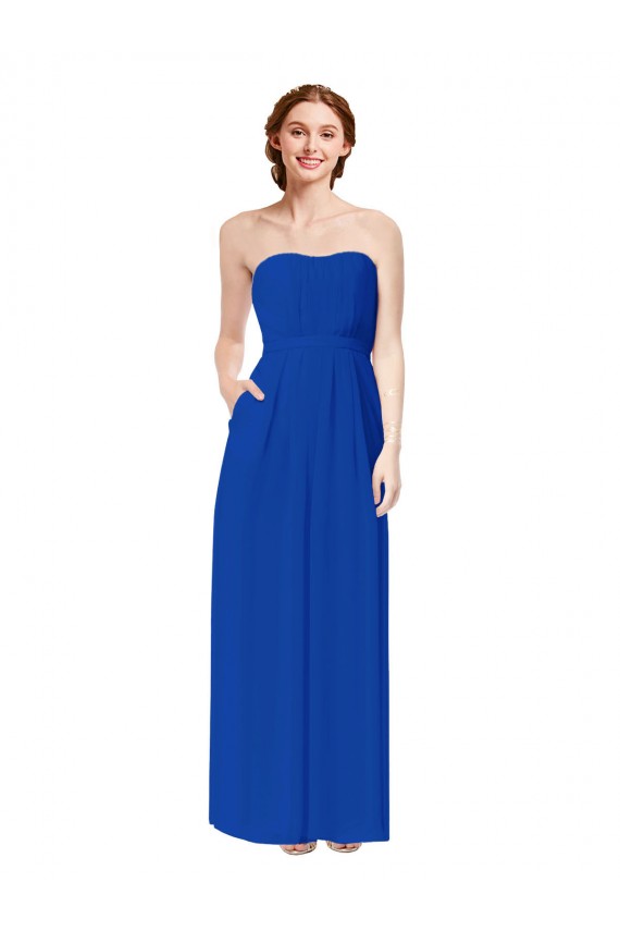 Comprimento Chão Azul Real Sem Mangas Bainha Abrir de volta Vestidos de Madrinha Por Atacado
