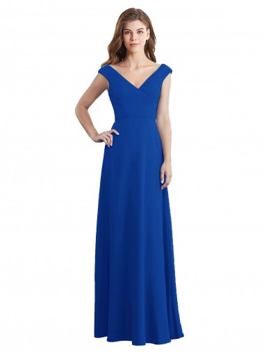 Comprimento Chão Azul Real Sem Mangas Linha A Decote V Vestidos de Madrinha Por Atacado