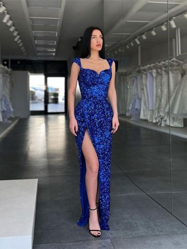 Comboio Varredela Azul Real Sem Mangas Bainha Vestido de Festa Por Atacado