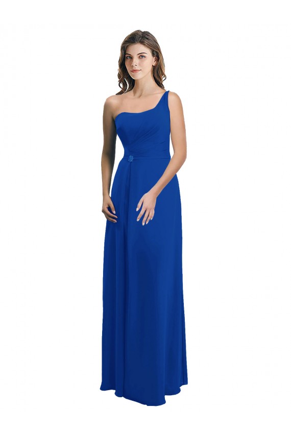 Comprimento Chão Azul Real Sem Mangas Linha A Lombar Um Ombro Vestidos de Madrinha Por Atacado