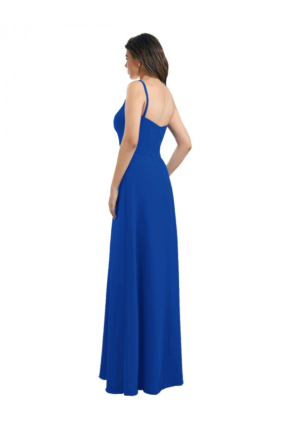 Comprimento Chão Azul Real Sem Mangas Linha A Lombar Um Ombro Vestidos de Madrinha Por Atacado