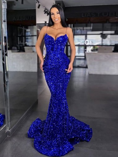 Comboio Varredela Azul Real Sem Mangas Sereia Alças finas Longo Vestidos de Festa Por Atacado