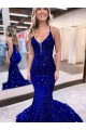 Comboio Corte Azul Real Sem Mangas Sereia Decote V Vestidos de Festa Por Atacado