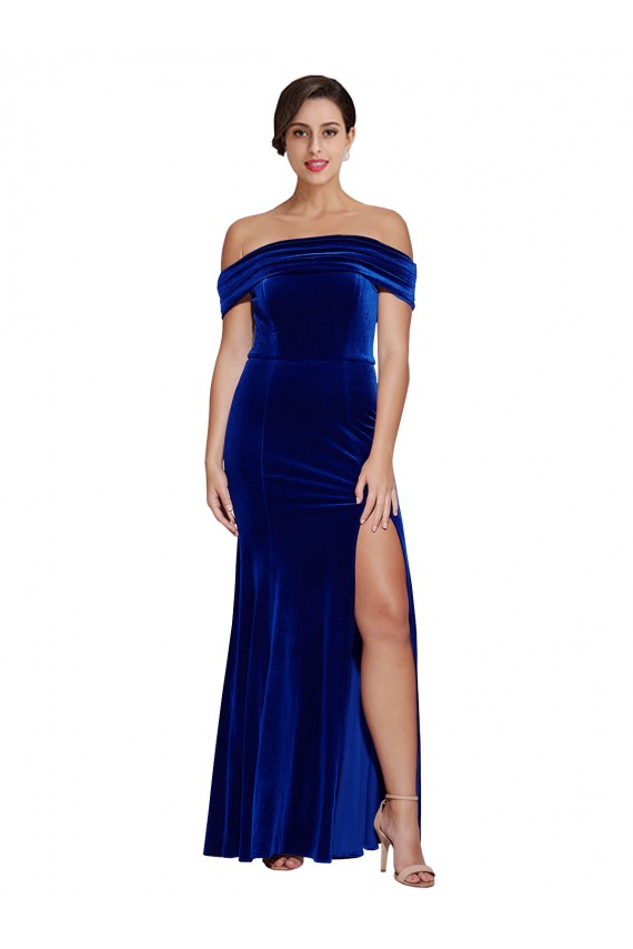 Comprimento Chão Azul Real Sem Mangas Sereia Fora do Ombro Vestidos de Madrinha / Vestidos de Noite / Vestidos de Festa Por Atacado