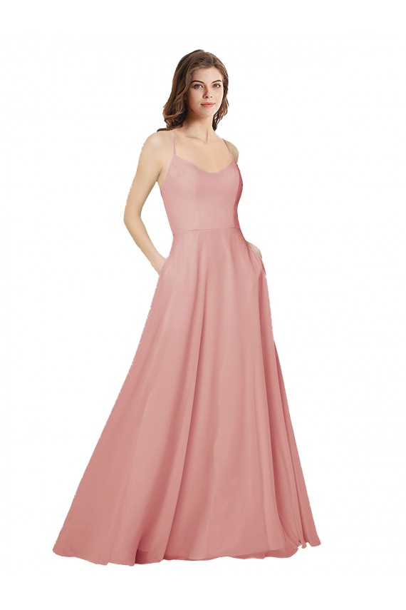 Comprimento Chão Bliss Sem Mangas Linha A Criss Cruz Vestidos de Madrinha Por Atacado