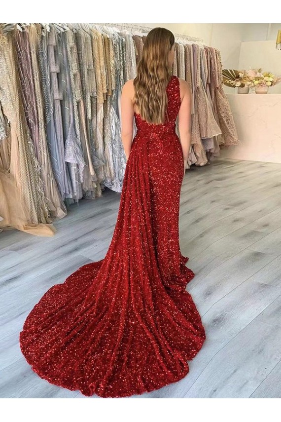 Comboio Corte Borgonha Sem Mangas Bainha Um Ombro Vestidos de Festa Por Atacado