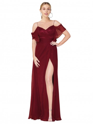Comprimento Chão Borgonha Ombro Frio Trombeta Costas em V Vestidos de Madrinha / Vestidos de Noite / Vestidos de Festa Por Atacado