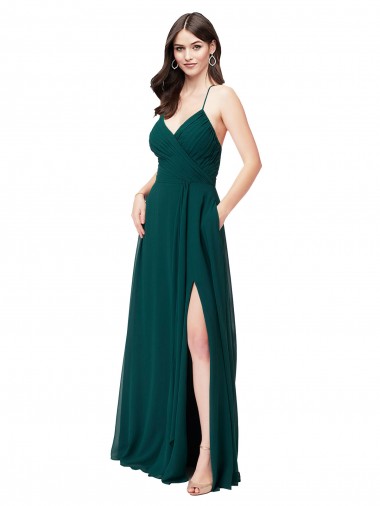 Comprimento Chão Caçador Verde Sem Mangas Linha A Criss Cruz Vestidos de Madrinha Por Atacado