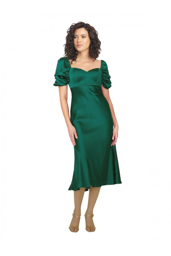 Comprimento Midi Caçador Verde Mangas Curtas Linha A Lombar Vestidos de Madrinha / Vestidos de Noite / Vestidos de Festa Por Atacado