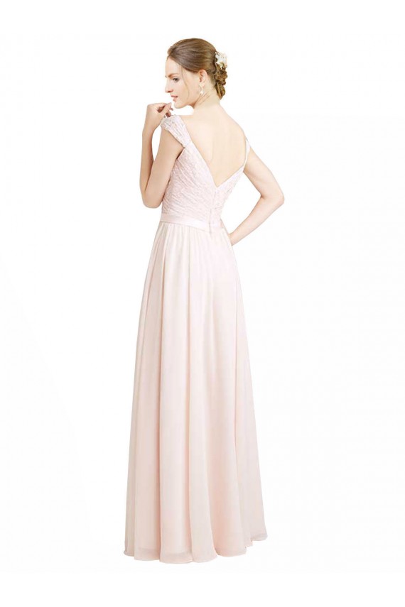 Comprimento Chão Creme Rosa Sem Mangas Linha A Costas em V Amor Vestidos de Madrinha Por Atacado