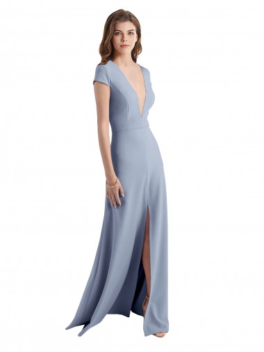Comprimento Chão Fumo Azul Mangas Curtas Bainha Vestidos de Madrinha / Vestidos de Festa Por Atacado
