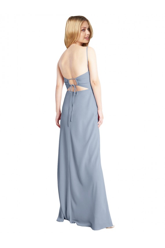 Comprimento Chão Fumo Azul Sem Mangas Linha A Criss Cruz Vestidos de Madrinha / Vestidos de Festa Por Atacado
