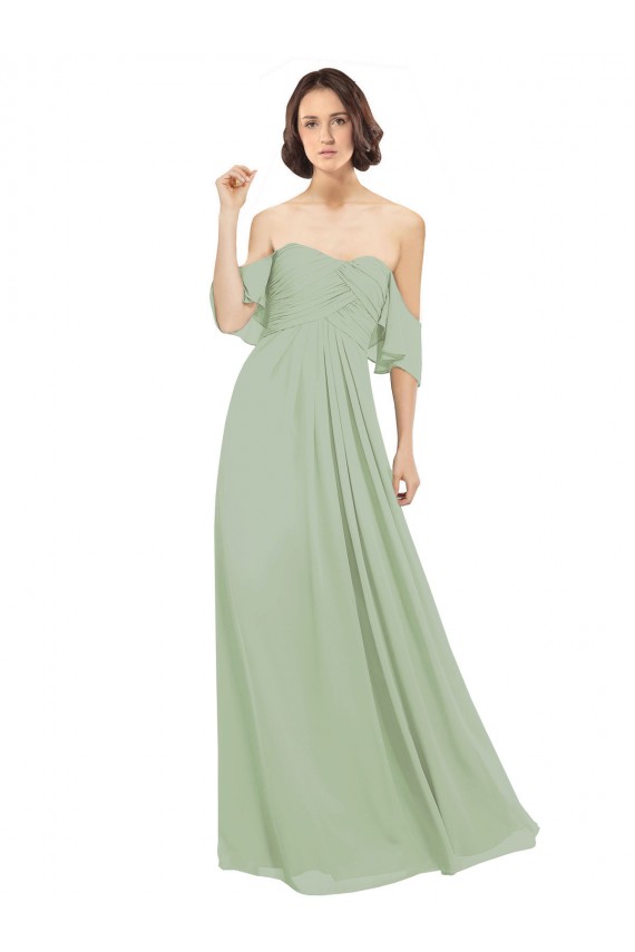 Comprimento Chão Fumo Verde Ombro Frio Linha A Vestidos de Madrinha Por Atacado