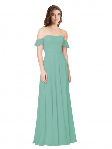 Comprimento Chão Jade Mangas Folhos Linha A Abrir de volta Vestidos de Madrinha Por Atacado