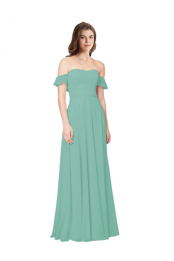 Comprimento Chão Jade Mangas Folhos Linha A Abrir de volta Vestidos de Madrinha Por Atacado