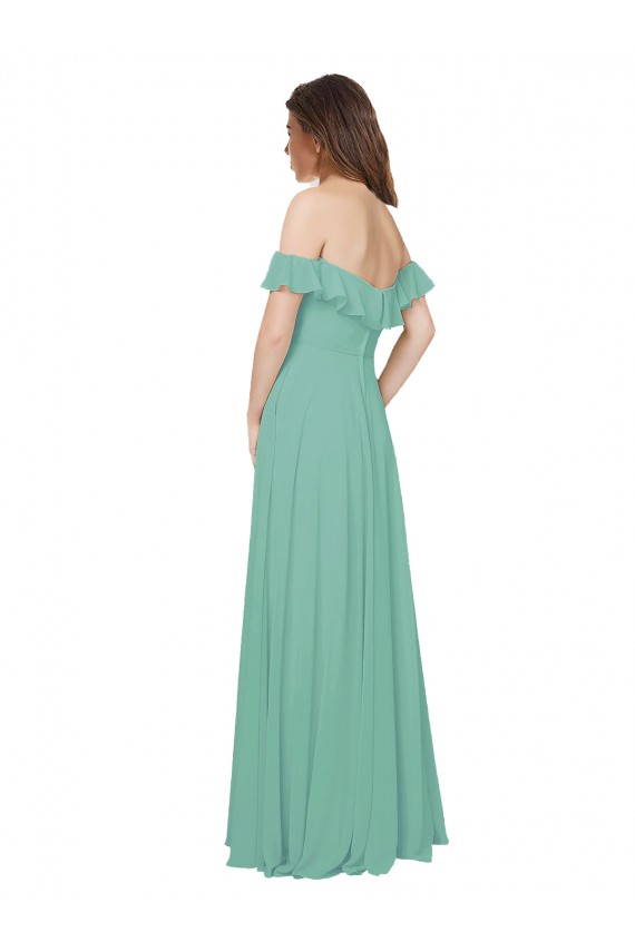 Comprimento Chão Jade Mangas Folhos Linha A Abrir de volta Vestidos de Madrinha Por Atacado