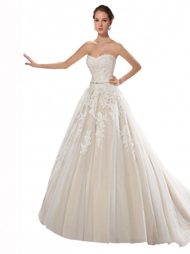 Comboio Capela Marfim & Champanhe Sem Mangas Linha A Tule & Renda Vestido de Noiva Por Atacado
