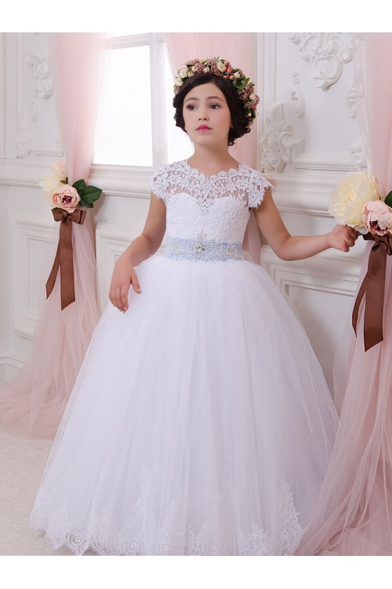 Comboio Capela Marfim Mangas Curtas Vestido de Baile Vestidos para Meninas de Flores Por Atacado