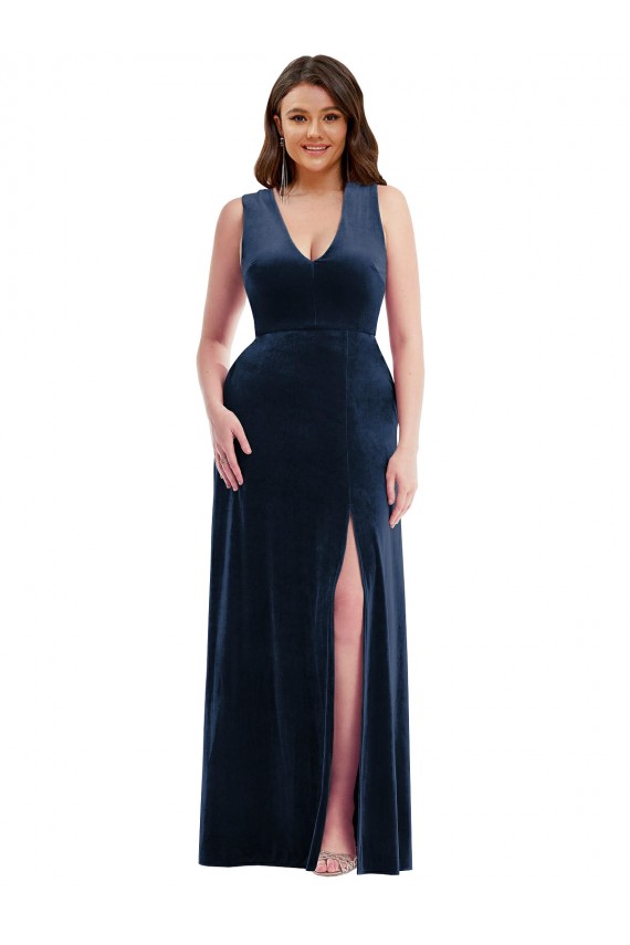 Comprimento Chão Marinha Negra Sem Mangas Bainha Decote V Vestidos de Madrinha / Vestidos de Noite / Vestidos de Festa Por Atacado