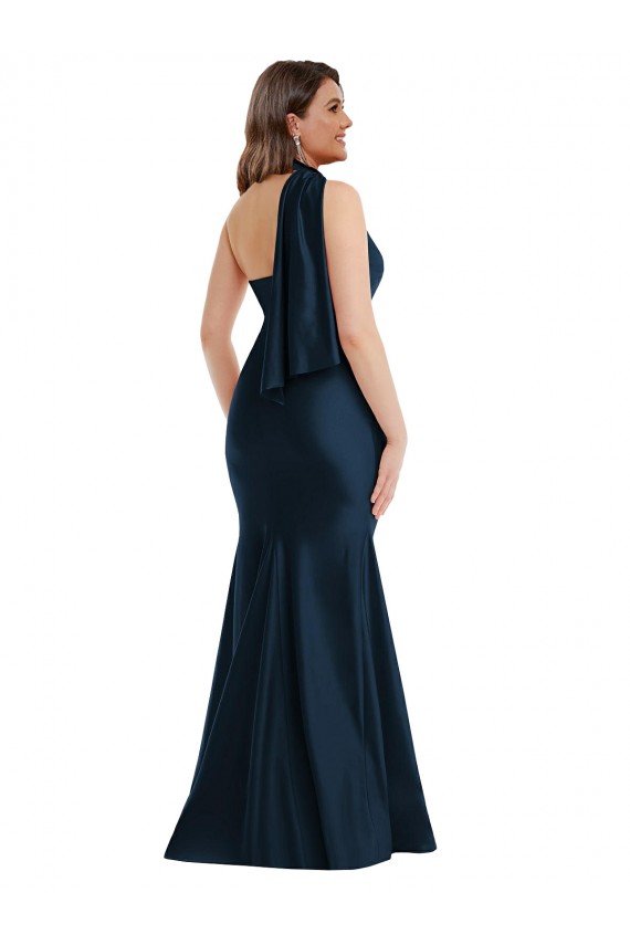 Comprimento Chão Marinha Negra Sem Mangas Sereia Longo Um Ombro Vestidos de Madrinha / Vestidos de Noite / Vestidos de Festa Por Atacado