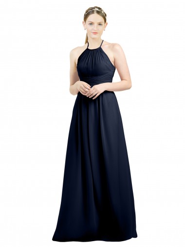 Comprimento Chão Marinha Negra Sem Mangas Linha A Abrir de volta Chiffon Longo Vestidos de Madrinha Por Atacado