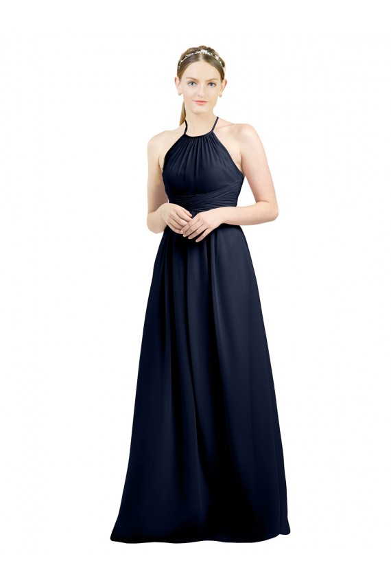 Comprimento Chão Marinha Negra Sem Mangas Linha A Abrir de volta Chiffon Longo Vestidos de Madrinha Por Atacado