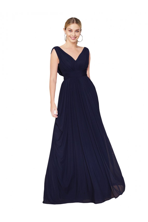 Comprimento Chão Marinha Negra Sem Mangas Linha A Longo Decote V Vestidos de Madrinha / Vestidos de Noite / Vestidos de Festa Por Atacado