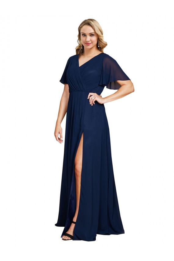 Comprimento Chão Marinha Negra Mangas Esvoaçantes, Mangas Curtas Linha A Vestidos de Madrinha / Vestidos de Noite / Vestidos de Festa Por Atacado